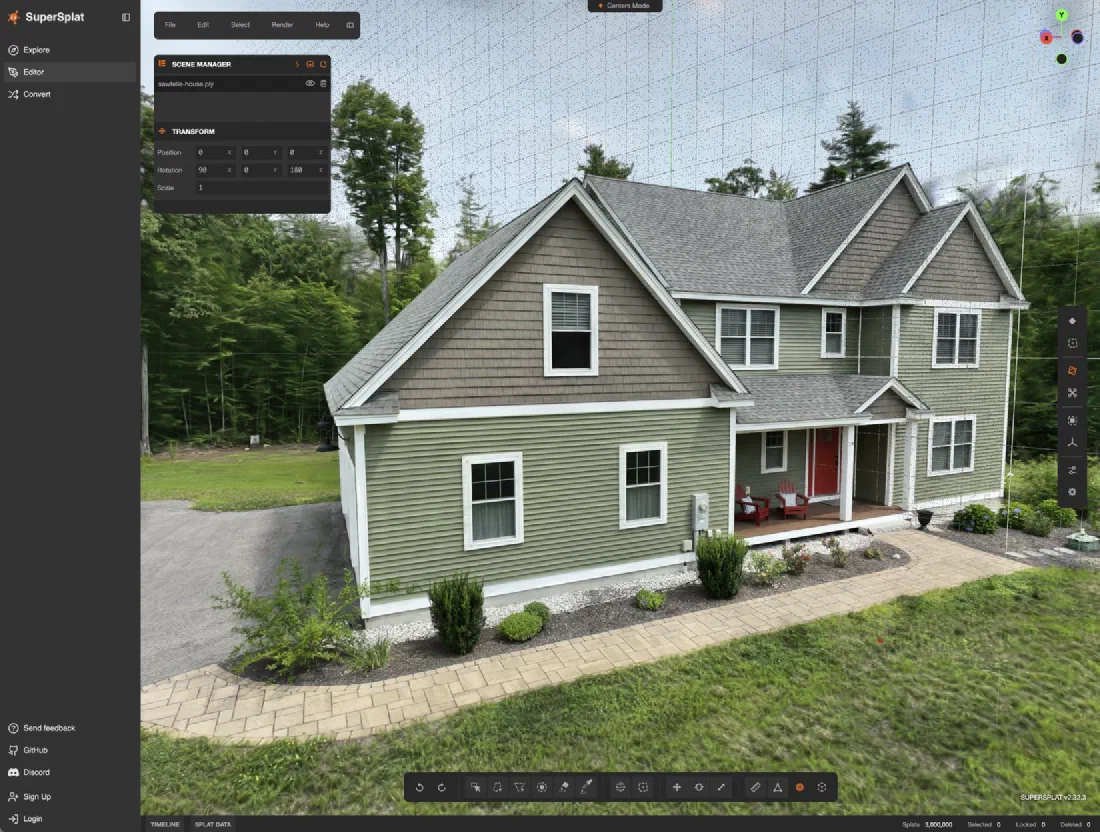 Photorealistic Gaussian-splat 3D model of a house, shown in a 3D editor